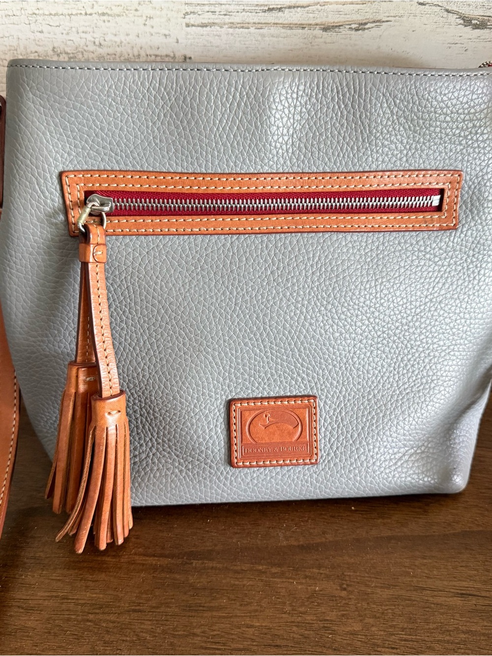Dooney & Bourke Gray Leather Crossbody with Tan Trim and Tassel